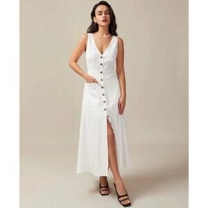 NWT Rihoas White V Neck Pocket Button Front Maxi Dress Sz M